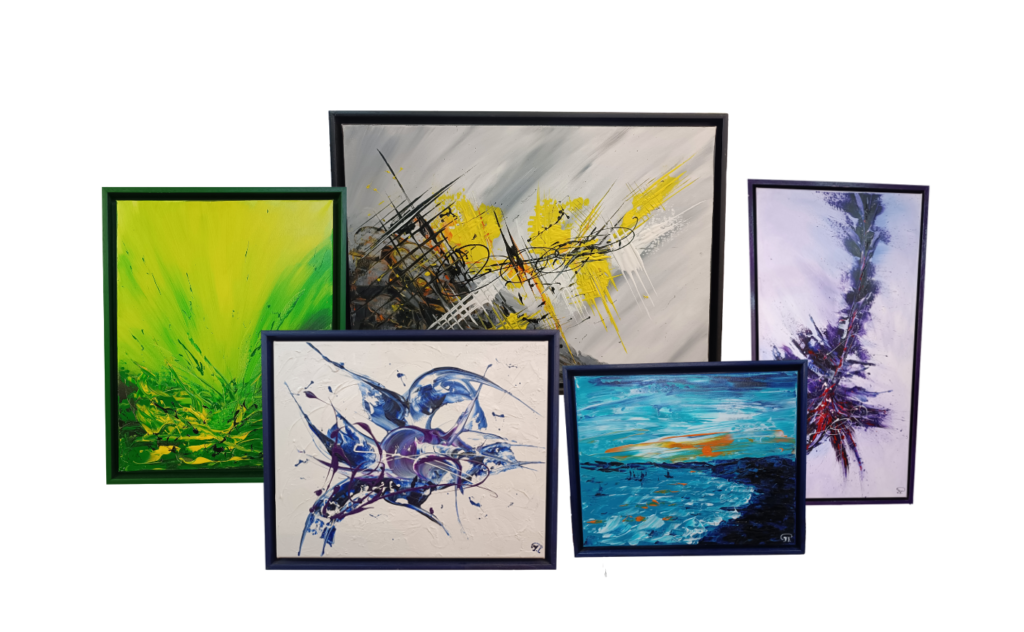 Cinq tableaux peints à l'acrylique par Jean-Paul Aymon, un artiste de la Galerie56