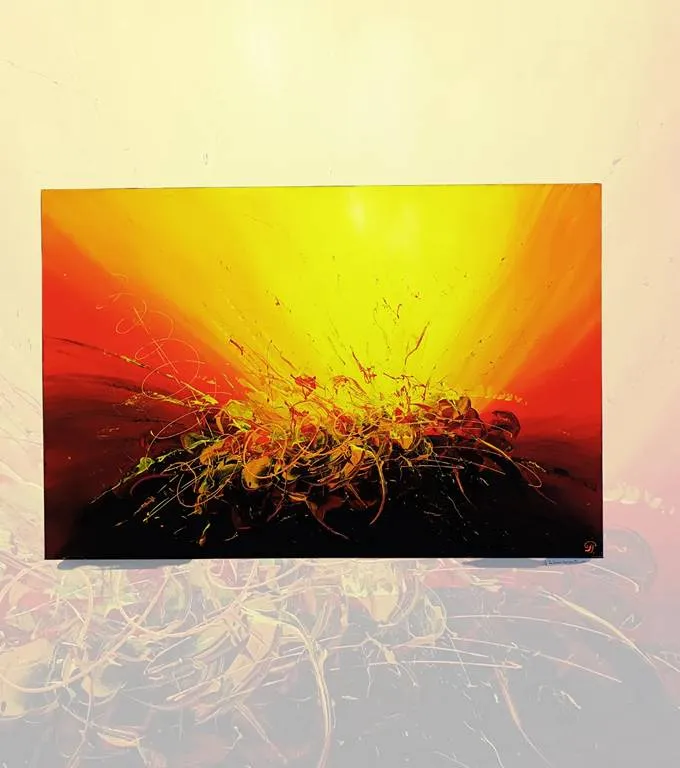 Miniature d'un magnifique tableau aux couleurs de feu qui traduit l'image abstraite d'une implosion. Cette peinture acrylique impose sa splendeur